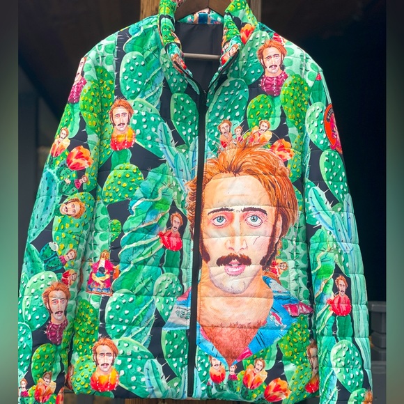 Nicolas Cage Raising Arizona Trippy Cactus Puffer - 80s Coen Bros Pop Art Jacket - Picture 1 of 17